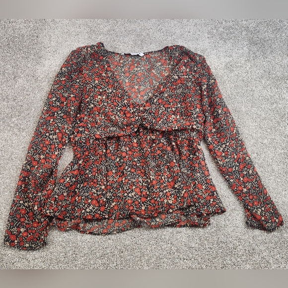Zara Womens Floral Sheer Peplum Blouse Top Red Size Medium Boho - Picture 1 of 3